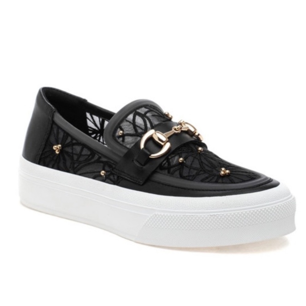 J Slides Black Lace Platform Slip on Sneakers Sz 8 1/2
